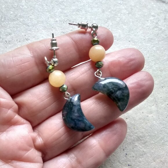 Dark Green Moss Agate Moons + Citrine Beads ~ Unique & Handmade Dangle Earrings - Picture 2 of 8